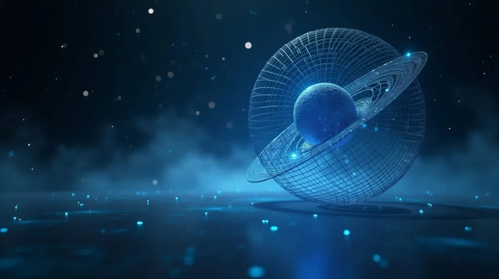 Une structure wireframe fermée dans le vide, un nœud cyan à l'extérieur qui n'arrive pas à rejoindre les orbites.